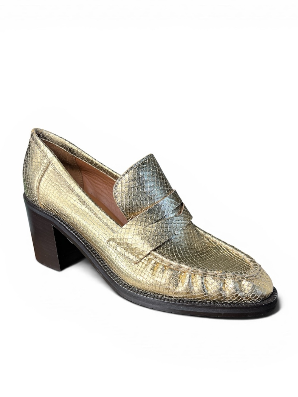 Aquatalia Josette Gold Metallic Snake Embossed Penny Loafers Size 10 New